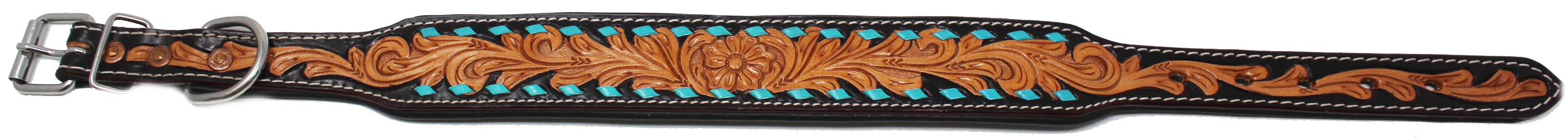 Turquoise Buck Stitch Tooled Padded Leather Dog Puppy Collar 60199