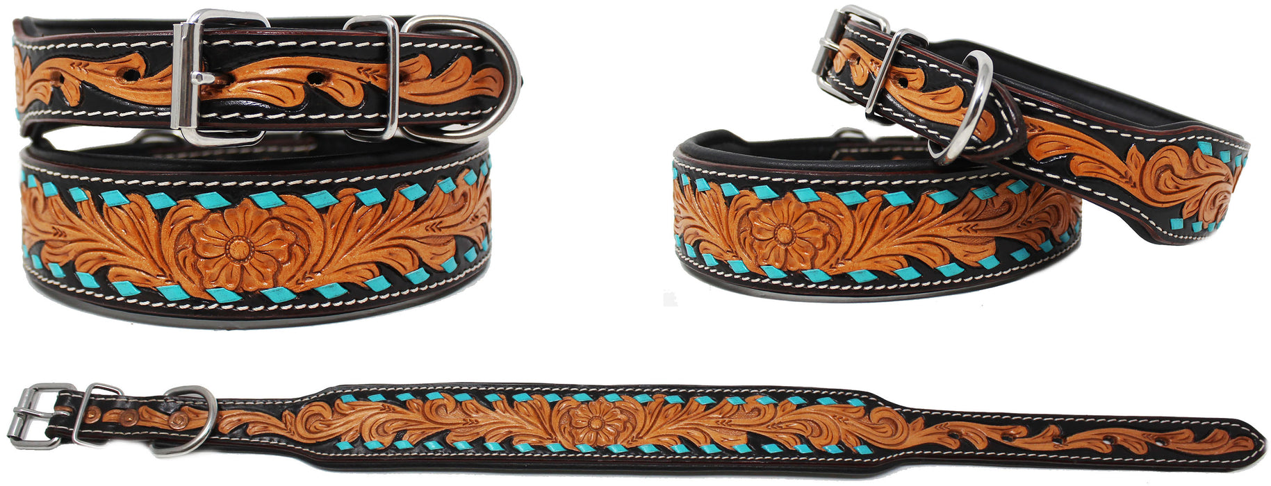Turquoise Buck Stitch Tooled Padded Leather Dog Puppy Collar 60199