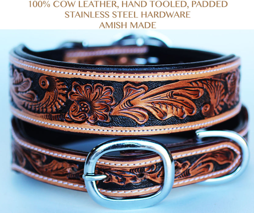 100% Cow Leather Western Tooled Amish Made in USA Puppy Canine Dog Collar 6022