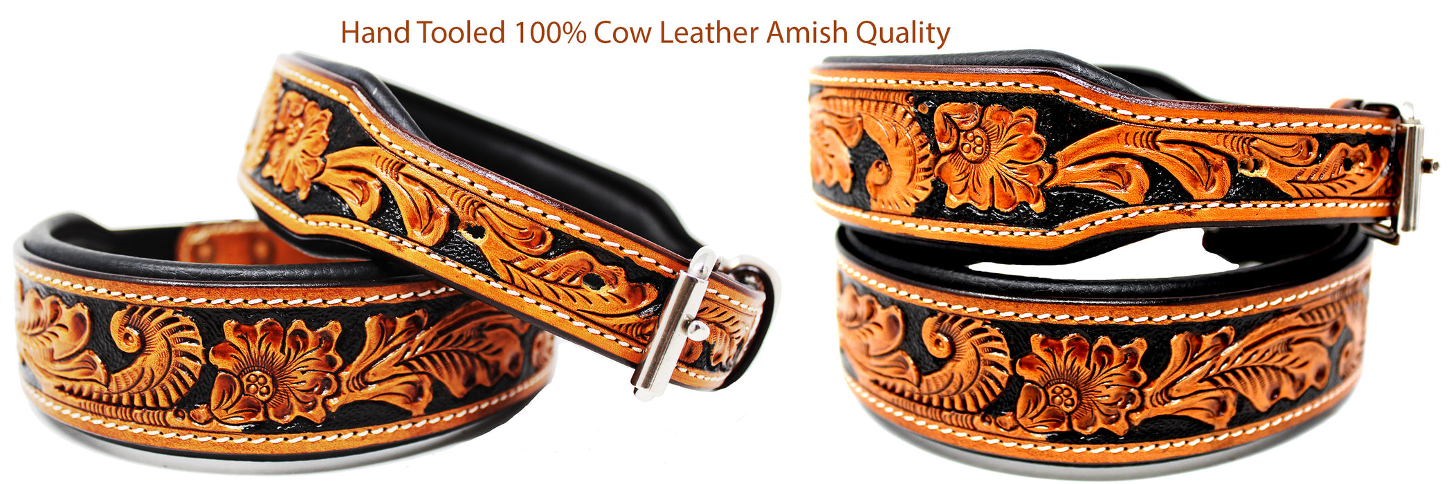 Hand Tooled Dog Puppy Collar Cow Leather Amish Made USA 6022A