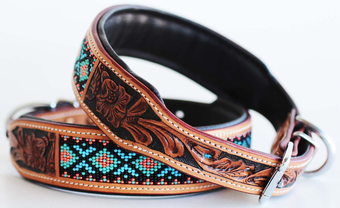 Amish Hand Tooled 100% Leather Puppy Dog Collar Adjustable Padded Canine 6057