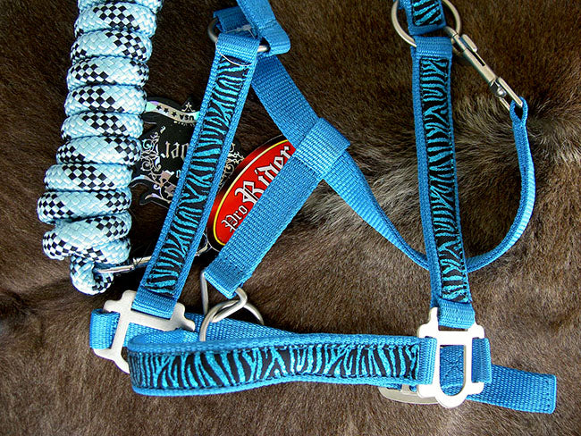 Horse Nylon HALTER Lead Rope Turquoise Bling Tack Zebra Noseband Rodeo 60670