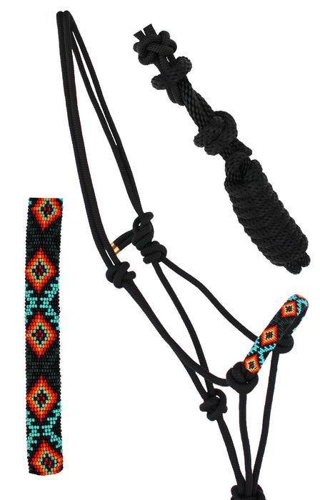 Nylon Horse Braided Beaded Noseband Rope HALTER Lead Rope Tack Black 606RT28