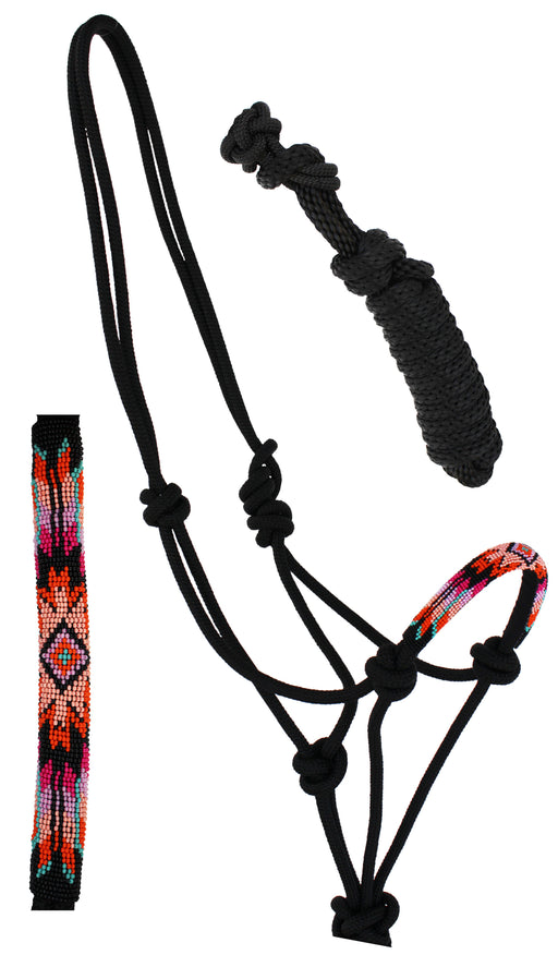 Nylon Horse Braided Beaded Noseband Rope HALTER Lead Rope Tack Black 606RT34