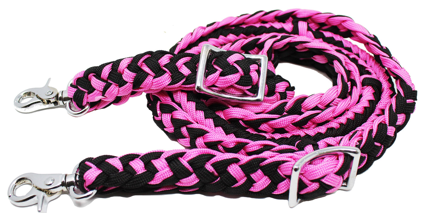 Roping Knotted Horse Tack Western Barrel Reins Nylon Braided Pink Black 60706