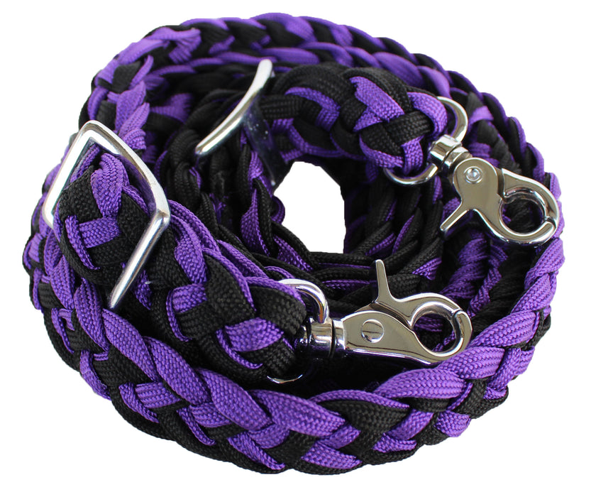 Roping Knotted Horse Tack Western Barrel Reins Nylon Braided Purple Black 60707