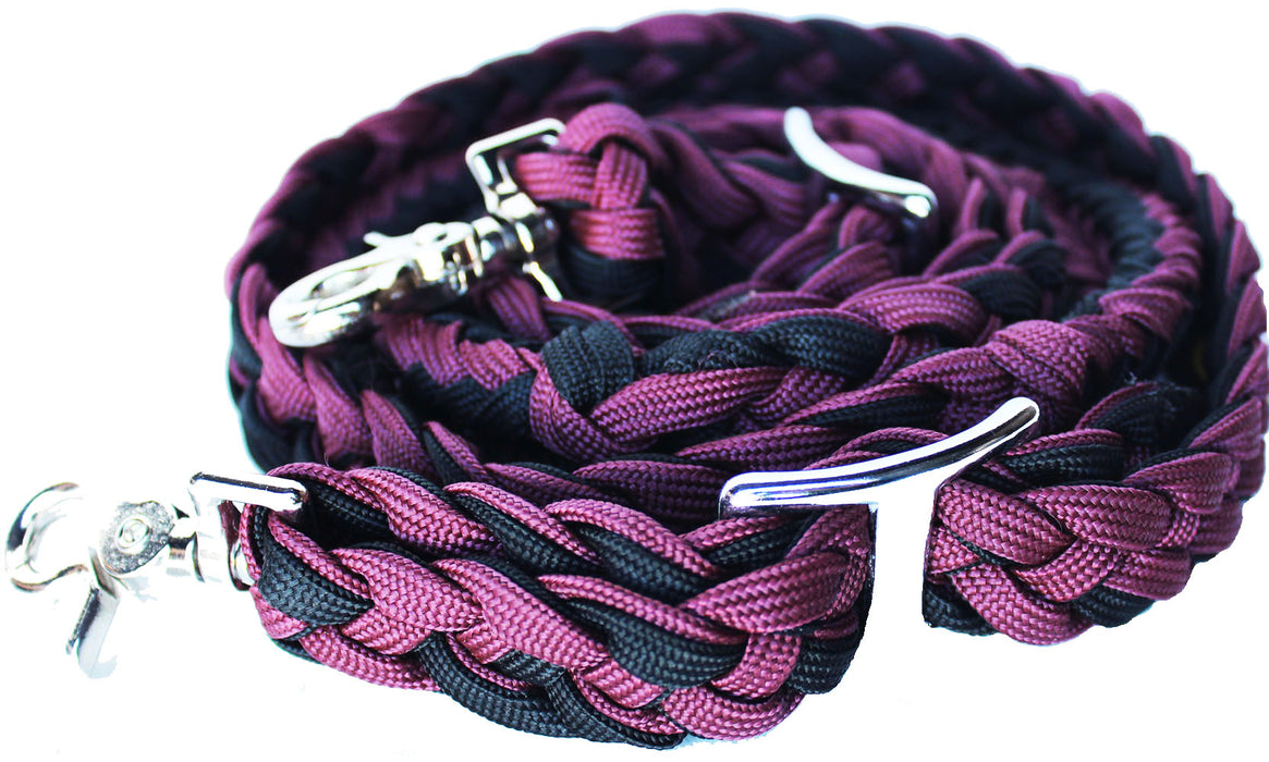 Horse Roping Knotted Tack Western Barrel Reins Nylon Braided Burgundy BLK 607161
