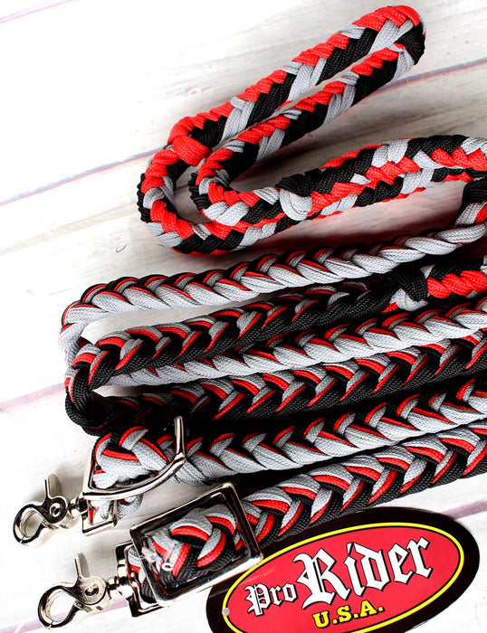 Horse Roping Knotted Tack Western Barrel Reins Nylon Braided Red Black 607196