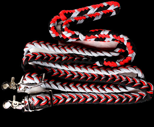 Horse Roping Knotted Tack Western Barrel Reins Nylon Braided Red Black 607196