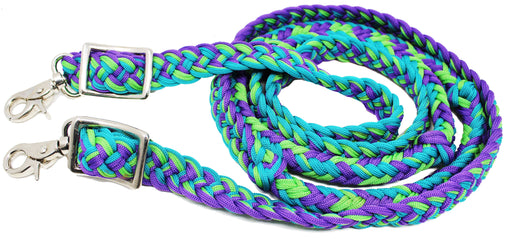 Horse Roping Knotted Tack Western Barrel Reins Nylon Braided Lime Purple 607482