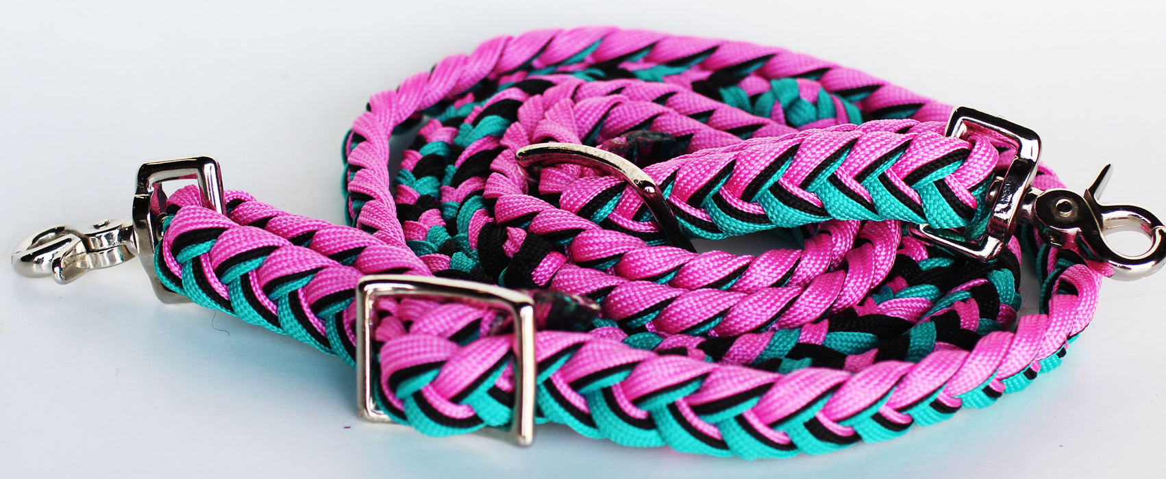 Horse Roping Knotted Tack Western Barrel Reins Nylon Braided Pink Turq 607485