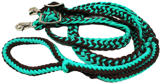 Horse Western Knotted Nylon Braided Barrel Roping Reins Teal Brown 60764TL