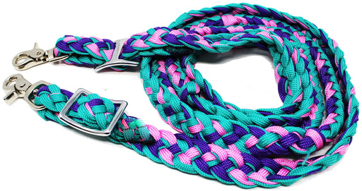 Roping Knotted Western Barrel Reins Nylon Braided Pink Turquoise 60770