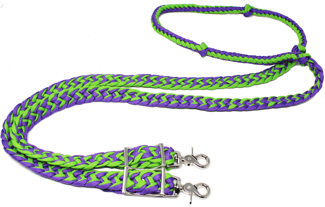 Horse Western Nylon Braided Knotted Roping Barrel Reins Lime Green Purple 60789