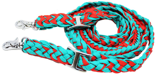 Horse Western Nylon Braided Barrel Knotted Reins Teal Red 60792