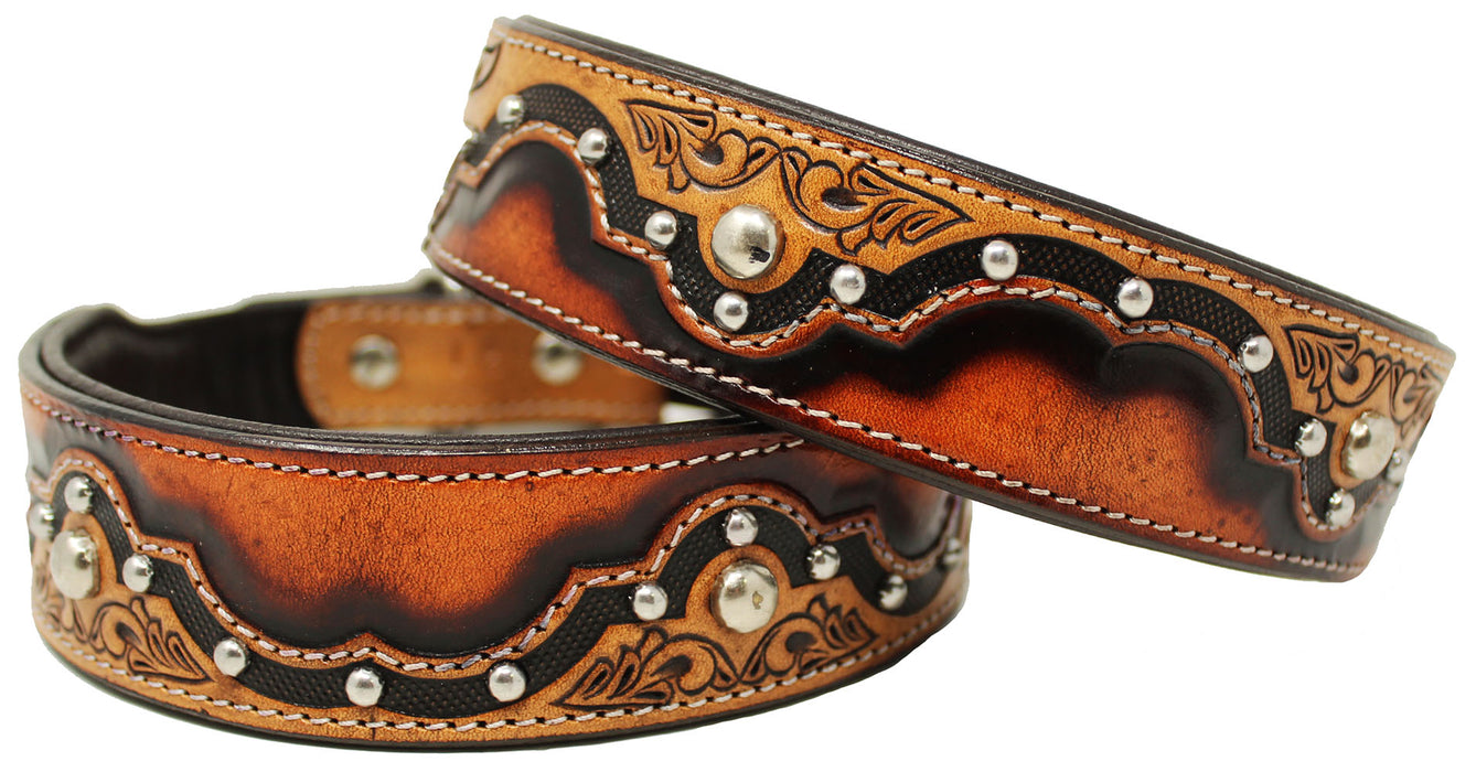 Padded Leather Dog Collar Heavy Duty Padded Leather Hand Tooled Studded Dog Collar 60FK01