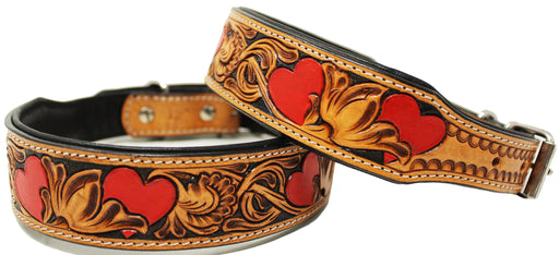 Heavy Duty Padded Leather Flower Tooled Hearts Dog Collar 60FK02