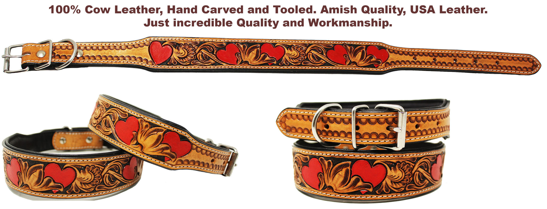 Heavy Duty Padded Leather Flower Tooled Hearts Dog Collar 60FK02