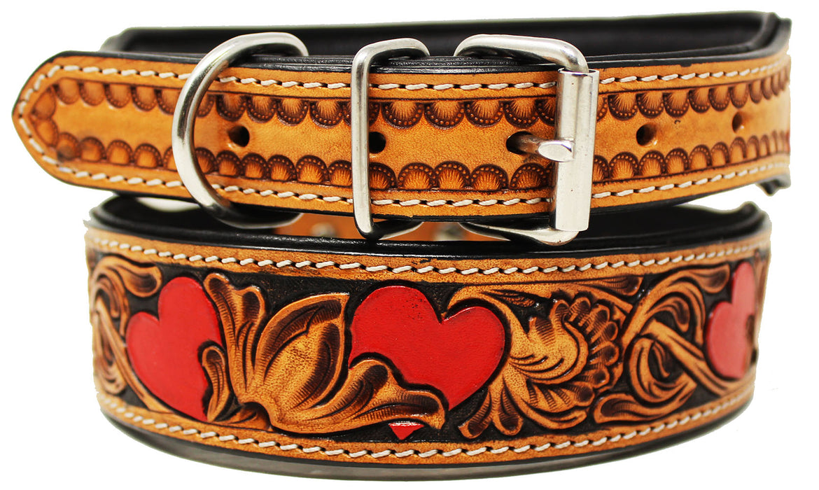 Heavy Duty Padded Leather Flower Tooled Hearts Dog Collar 60FK02