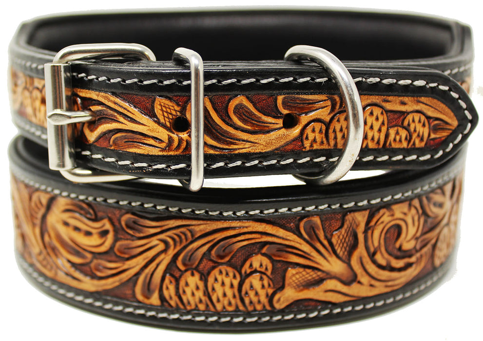 Heavy Duty Padded Leather Flower Tooled Cactus Dog Collar 60FK03