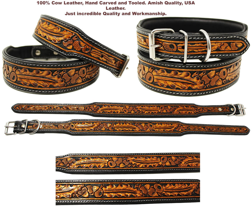 Amish USA Heavy Duty Padded Leather Tooled Accorn Dog Collar Puppy 60FK04