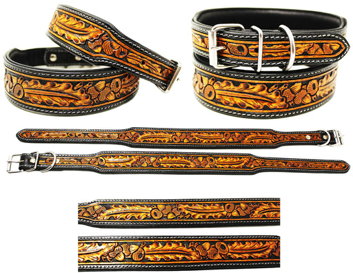 Amish USA Heavy Duty Padded Leather Tooled Accorn Dog Collar Puppy 60FK04