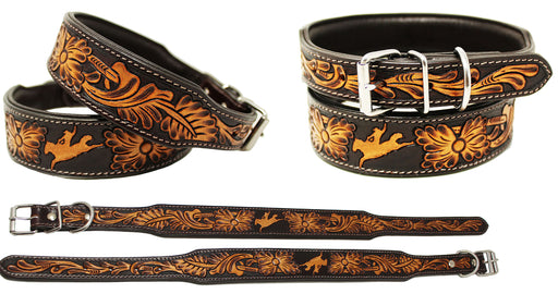 Heavy Duty Padded Leather Floral Tooled Dog Collar 60FK09