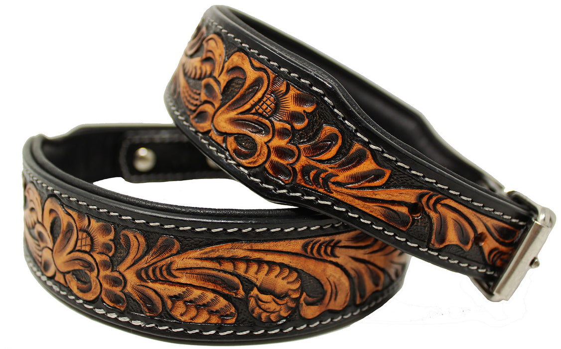 Heavy Duty Padded Amish 100% Top Grain Leather Hand Tooled Dog Collar 60FK10