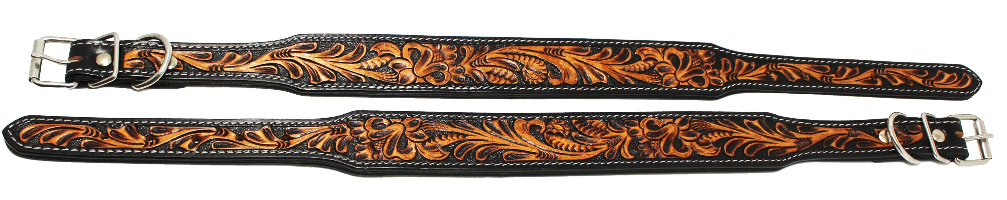 Heavy Duty Padded Amish 100% Top Grain Leather Hand Tooled Dog Collar 60FK10