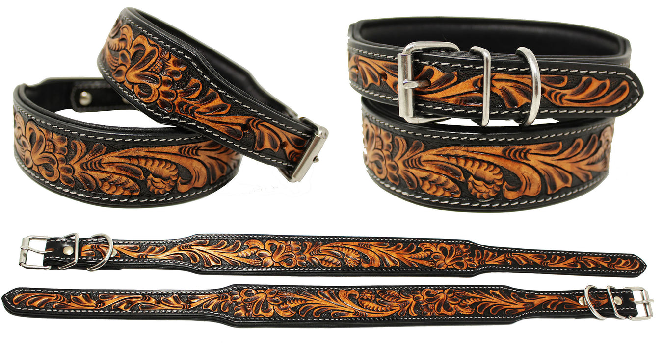 Heavy Duty Padded Amish 100% Top Grain Leather Hand Tooled Dog Collar 60FK10