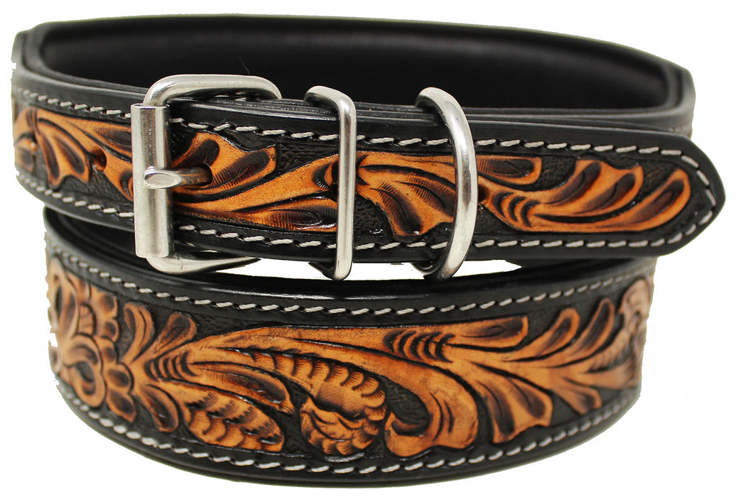 Heavy Duty Padded Amish 100% Top Grain Leather Hand Tooled Dog Collar 60FK10