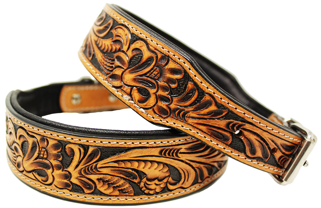 Heavy Duty Padded Amish 100% Top Grain Leather Hand Tooled Dog Collar 60FK11