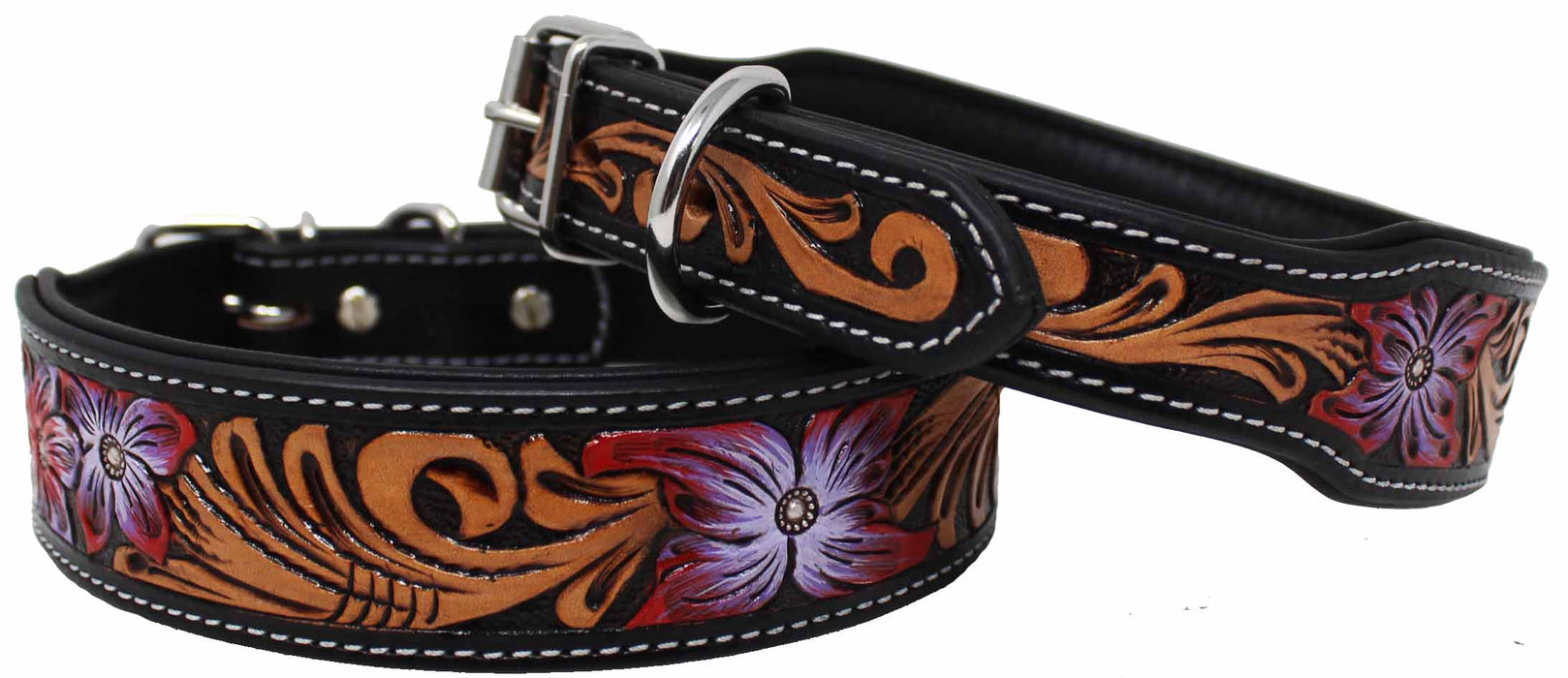 100% Cow Leather Hand-Painted Padded Tooled Carved Dog Collar Purple 60FK13PR