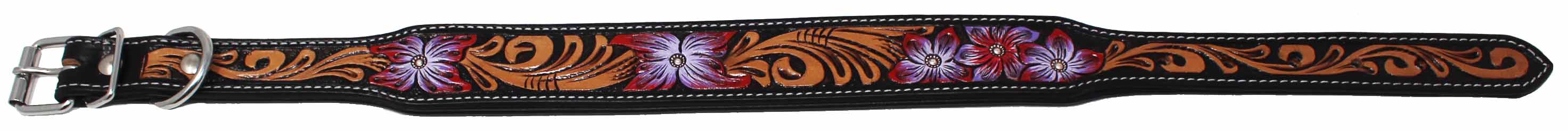 100% Cow Leather Hand-Painted Padded Tooled Carved Dog Collar Purple 60FK13PR