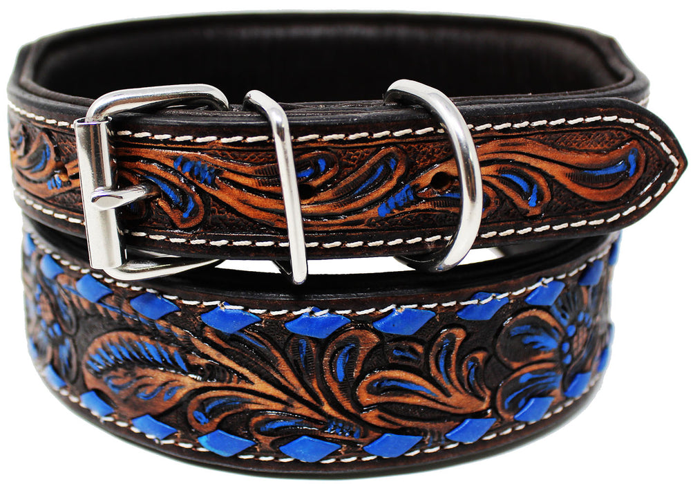 Padded Leather Dog Collar Heavy Duty Floral Tooled Dog Collar Blue 60FK25