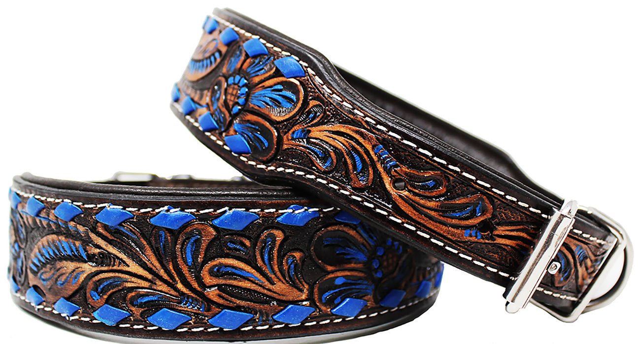 Padded Leather Dog Collar Heavy Duty Floral Tooled Dog Collar Blue 60FK25