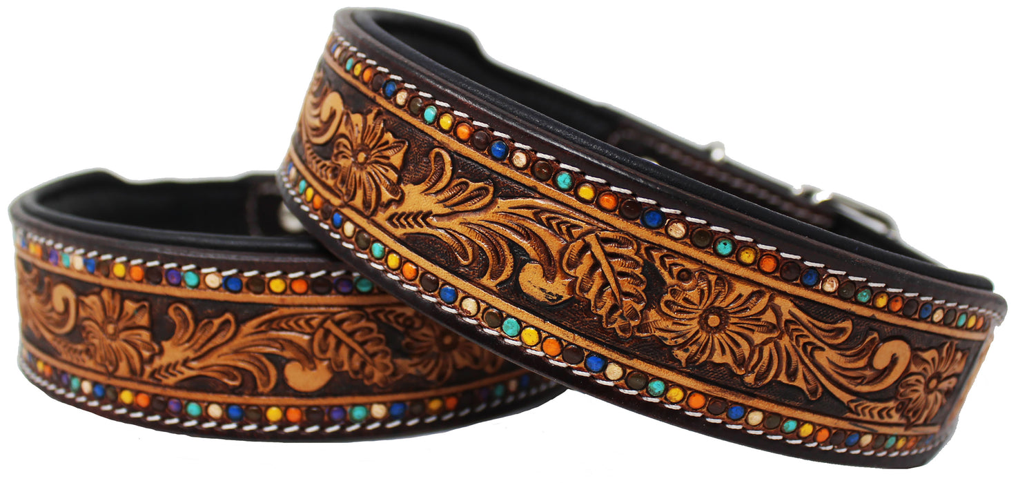 Amish Leather Heavy Duty Padded Floral Tooled Dog Collar 60FK35