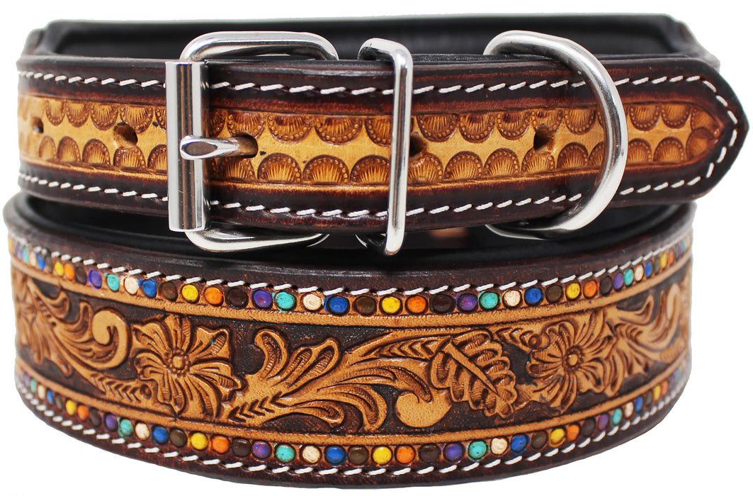 Amish Leather Heavy Duty Padded Floral Tooled Dog Collar 60FK35