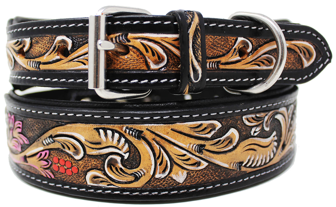 100% Cow Leather Amish Padded Leather Hand Crafted Tooled Dog Collar 60FK43