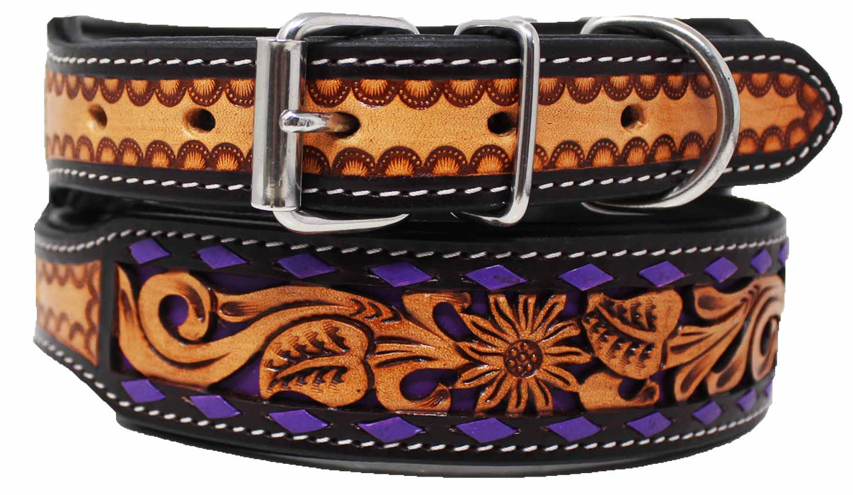 Handcrafted Floral Tooled Buck Stitch 100% Leather Sturdy Dog Collar Pet 60FK55