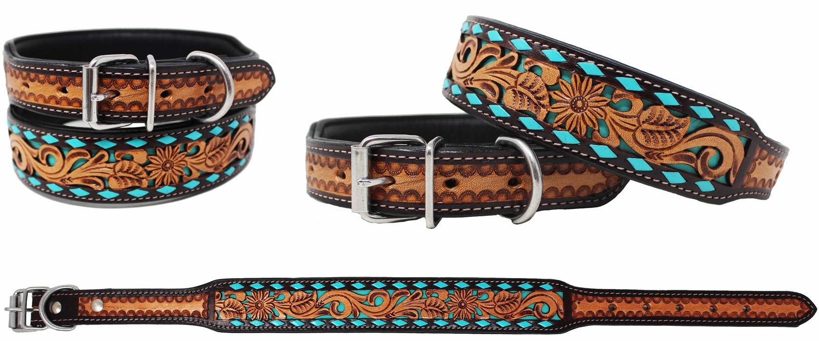 Handcrafted Floral Tooled Buck Stitch 100% Leather Sturdy Dog Collar Pet 60FK55