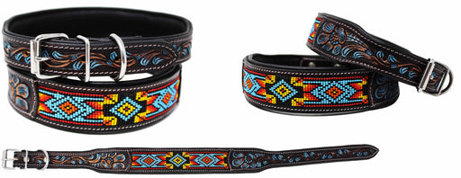 Hand Tooled Floral Padded Leather Beaded Dog Collar Floral Turquoise 60FK57