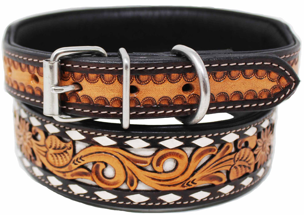 Handcrafted Sunflower Tooled Leather Dog Collar Turquoise 60FK58