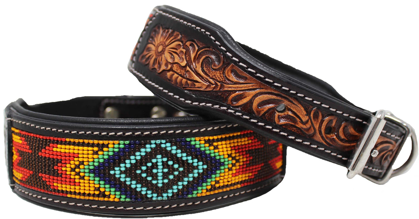 Handcrafted Beaded Tooled Leather Dog Collar Pet 60FK64