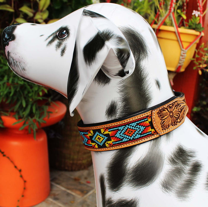 Handcrafted Aztec Beaded Tooled Leather Dog Collar Turquoise 60FK65
