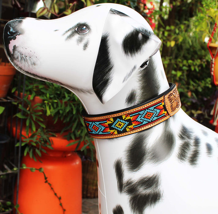 Handcrafted Aztec Beaded Tooled Leather Dog Collar Turquoise 60FK65