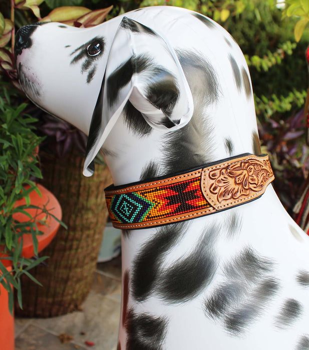 Handcrafted Beaded Tooled Leather Dog Collar Turquoise 60FK66
