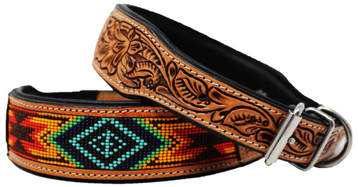 Handcrafted Beaded Tooled Leather Dog Collar Turquoise 60FK66