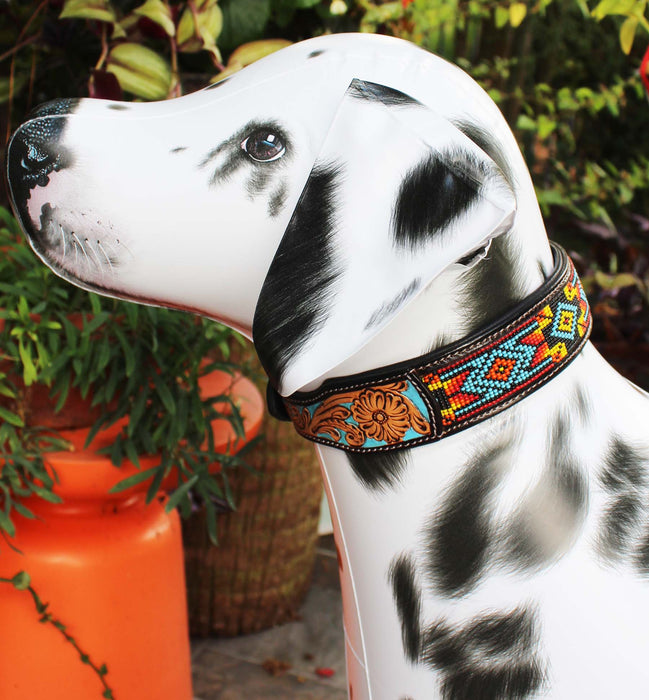 Handcrafted Beaded Tooled Leather Dog Collar Turquoise 60FK68