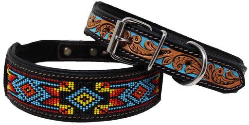 Handcrafted Beaded Tooled Leather Dog Collar Turquoise 60FK68